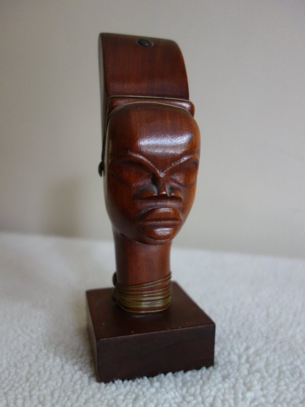 Vntg Carved Wood Head Neck Bust Wire Necklace Sculpture Figure